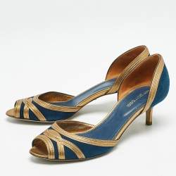 Sergio Rossi Navy Blue/Gold Leather and Suede Peep Toe Pumps Size 37.5