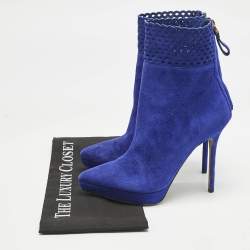 Sergio Rossi Blue Suede Pointed Toe Platform Ankle Boots Size 37