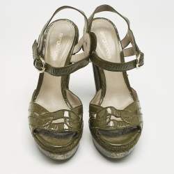 Sergio Rossi Olive Green Patent Leather Platform Ankle Strap Sandals Size 38