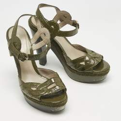 Sergio Rossi Olive Green Patent Leather Platform Ankle Strap Sandals Size 38