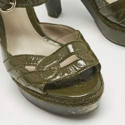 Sergio Rossi Olive Green Patent Leather Platform Ankle Strap Sandals Size 38