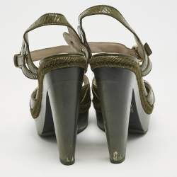 Sergio Rossi Olive Green Patent Leather Platform Ankle Strap Sandals Size 38