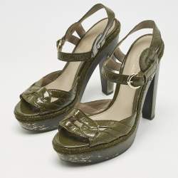 Sergio Rossi Olive Green Patent Leather Platform Ankle Strap Sandals Size 38