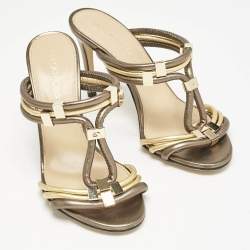 Sergio Rossi Green/Gold Leather T Strap Slide Sandals Size 35