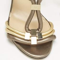 Sergio Rossi Green/Gold Leather T Strap Slide Sandals Size 35