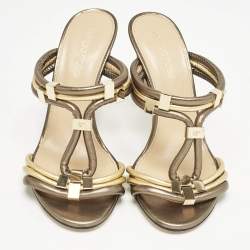 Sergio Rossi Green/Gold Leather T Strap Slide Sandals Size 35