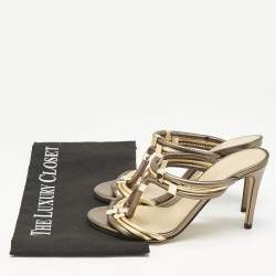 Sergio Rossi Green/Gold Leather T Strap Slide Sandals Size 35