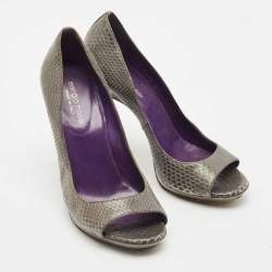 Sergio Rossi Dark Grey Snakeskin Leather Open Toe Pumps Size 37