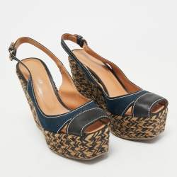 Sergio Rossi Navy Blue/Black Canvas and Leather Wedge Sandals Size 37