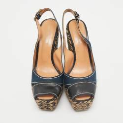 Sergio Rossi Navy Blue/Black Canvas and Leather Wedge Sandals Size 37