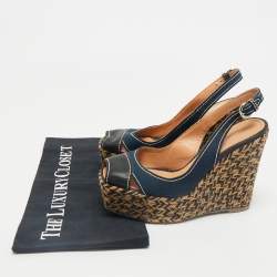 Sergio Rossi Navy Blue/Black Canvas and Leather Wedge Sandals Size 37