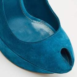 Sergio Rossi Blue Suede Peep Toe Platform Pumps Size 38.5