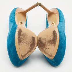 Sergio Rossi Blue Suede Peep Toe Platform Pumps Size 38.5