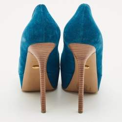Sergio Rossi Blue Suede Peep Toe Platform Pumps Size 38.5