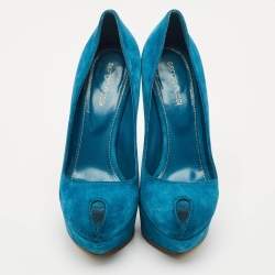 Sergio Rossi Blue Suede Peep Toe Platform Pumps Size 38.5