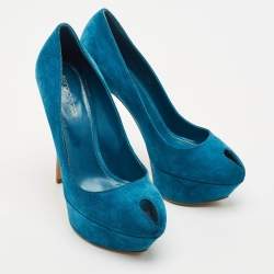 Sergio Rossi Blue Suede Peep Toe Platform Pumps Size 38.5