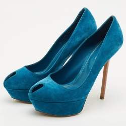 Sergio Rossi Blue Suede Peep Toe Platform Pumps Size 38.5