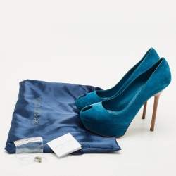 Sergio Rossi Blue Suede Peep Toe Platform Pumps Size 38.5