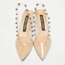Sergio Rossi Beige/Black PVC Crystals Embellished Slingback Pumps Size 38.5