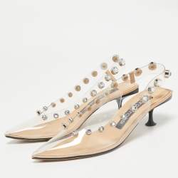 Sergio Rossi Beige/Black PVC Crystals Embellished Slingback Pumps Size 38.5