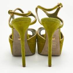 Pre Owned Sergio Rossi Green/Gold Suede and Leather Platform Sandals Size 37