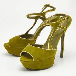 Pre Owned Sergio Rossi Green/Gold Suede and Leather Platform Sandals Size 37