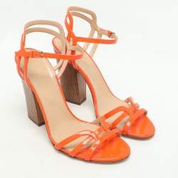 Pre Owned Sergio Rossi Orange Patent Leather Ankle Strap Sandals Size 38