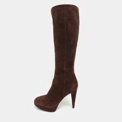 Sergio Rossi Brown Suede Platform Calf Length Boots Size 38