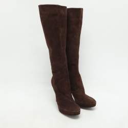Sergio Rossi Brown Suede Platform Calf Length Boots Size 38