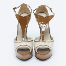 Pre Owned Sergio Rossi Brown/Beige Patent and Leather T Strap Platform Sandals Size 38
