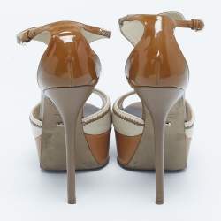 Pre Owned Sergio Rossi Brown/Beige Patent and Leather T Strap Platform Sandals Size 38