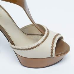 Pre Owned Sergio Rossi Brown/Beige Patent and Leather T Strap Platform Sandals Size 38