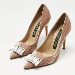 Pre Owned Sergio Rossi Beige Velvet SR1 Crystals Pumps Size 38.5