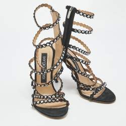 Pre Owned Sergio Rossi Black Suede Crystal Embellished Ankle Strap Sandals Size 39