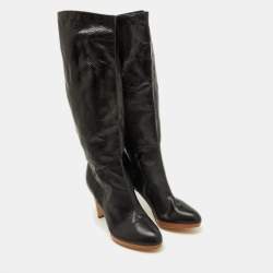 Pre Owned Sergio Rossi Black Perforated Leather Calf Length Boots Size 38.5