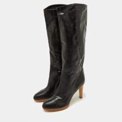 Pre Owned Sergio Rossi Black Perforated Leather Calf Length Boots Size 38.5