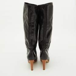 Pre Owned Sergio Rossi Black Perforated Leather Calf Length Boots Size 38.5