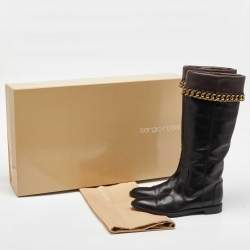 Pre Owned Sergio Rossi Black/Dark Brown Leather Chain Detail Calf Length Boots Size 35.5