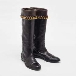 Pre Owned Sergio Rossi Black/Dark Brown Leather Chain Detail Calf Length Boots Size 35.5