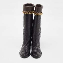 Pre Owned Sergio Rossi Black/Dark Brown Leather Chain Detail Calf Length Boots Size 35.5