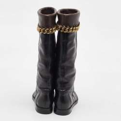 Pre Owned Sergio Rossi Black/Dark Brown Leather Chain Detail Calf Length Boots Size 35.5