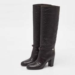 Pre Owned Sergio Rossi Dark Brown Python Embossed Leather Knee Length Boots Size 35.5