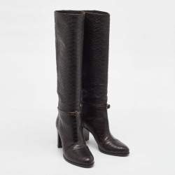 Pre Owned Sergio Rossi Dark Brown Python Embossed Leather Knee Length Boots Size 35.5