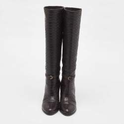 Pre Owned Sergio Rossi Dark Brown Python Embossed Leather Knee Length Boots Size 35.5