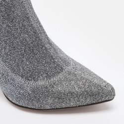 Pre Owned Sergio Rossi Silver Knit Fabric Sock Ankle Boots Size 36.5