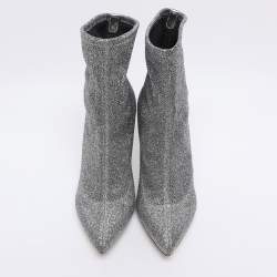 Pre Owned Sergio Rossi Silver Knit Fabric Sock Ankle Boots Size 36.5