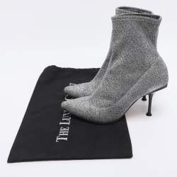 Pre Owned Sergio Rossi Silver Knit Fabric Sock Ankle Boots Size 36.5