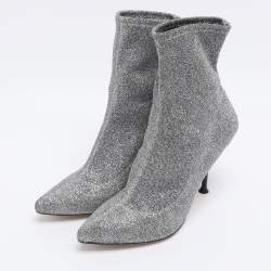 Pre Owned Sergio Rossi Silver Knit Fabric Sock Ankle Boots Size 36.5