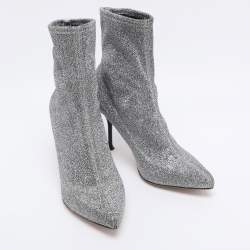 Pre Owned Sergio Rossi Silver Knit Fabric Sock Ankle Boots Size 36.5