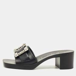 Pre Owned Sergio Rossi Black Rubber Crystal Embellished Block Heel Slides Size 40
